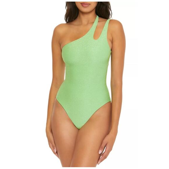 BECCA SIZE MEDIUM GLIMMER 'VIOLET' ASYMMETRICAL ONE PIECE SWIMSUIT GREEN NEW - Picture 1 of 12